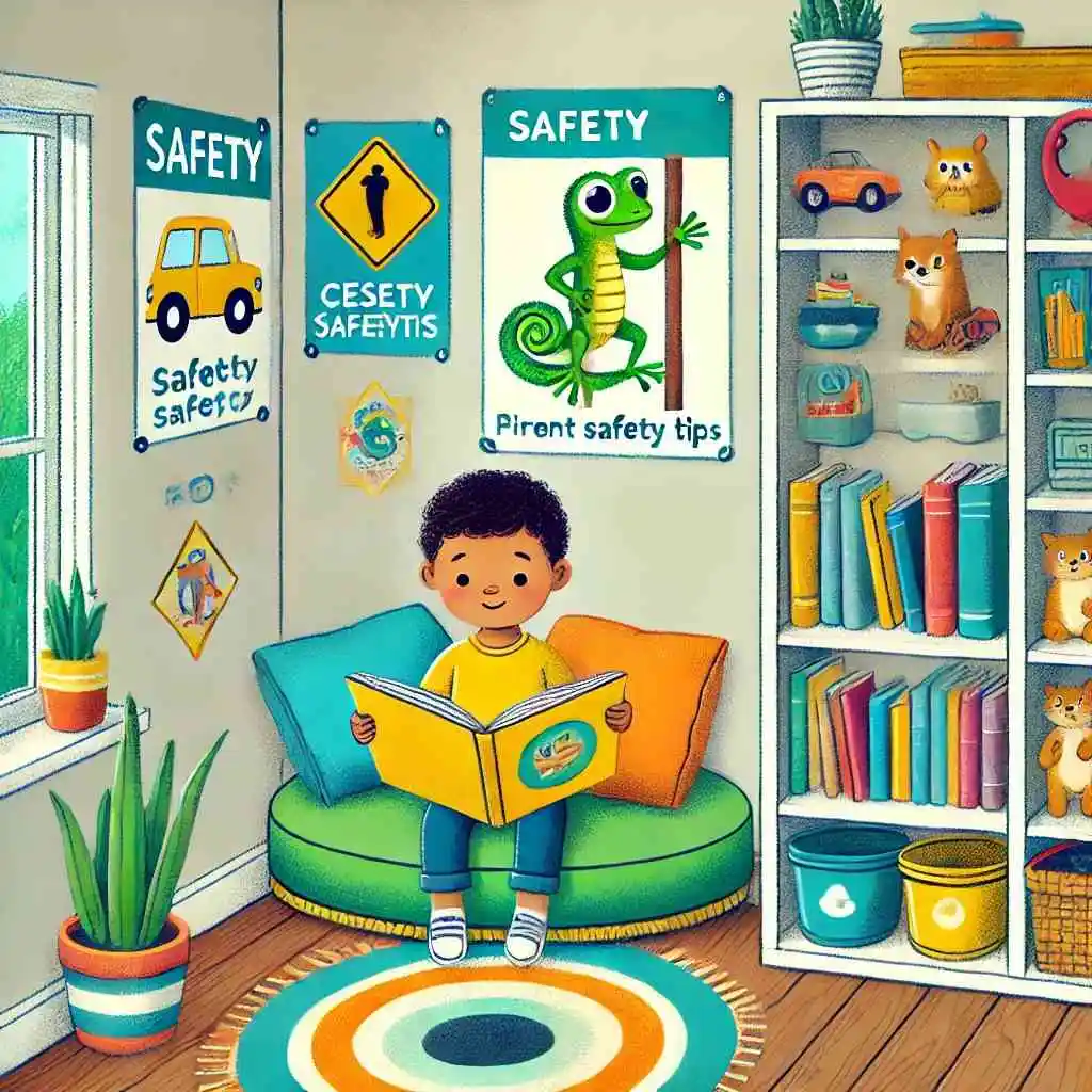 Cozy reading nook with a child reading safety-themed books surrounded by posters of Guy and Cesar