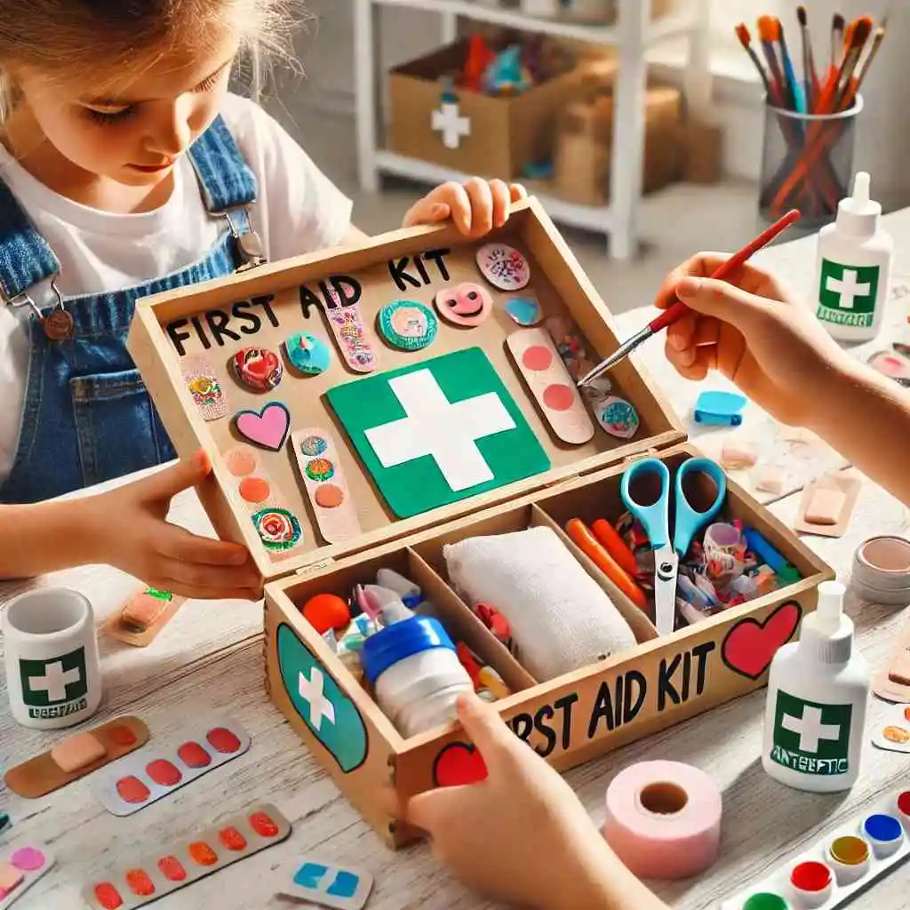 Children building a DIY first aid kit with stickers and medical items.