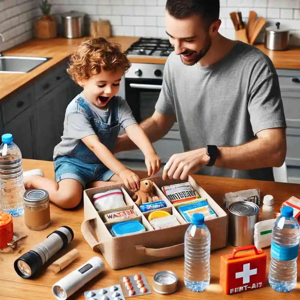 Child and parent creating an emergency kit at the kitchen table