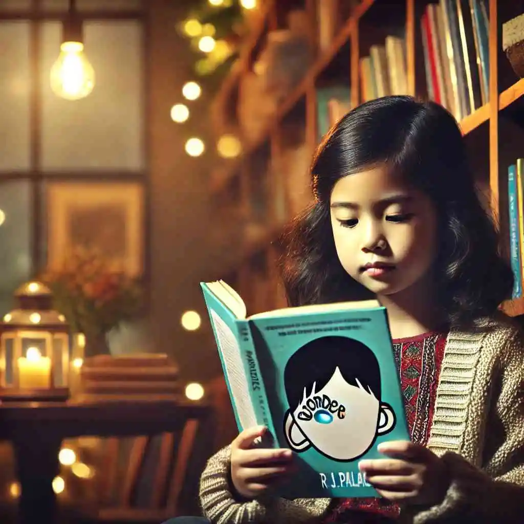 Girl reading 'Wonder' in a cozy reading nook