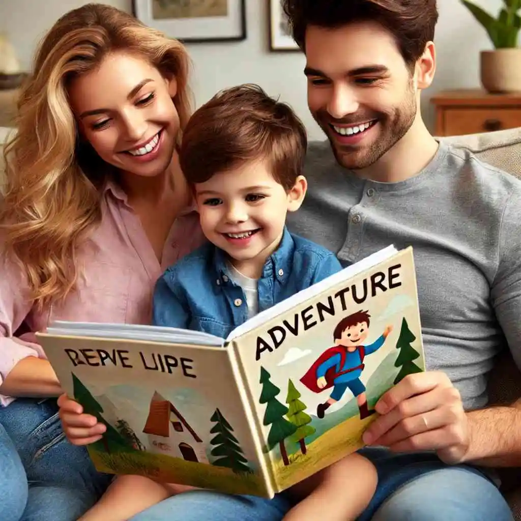 Family reading a personalized book together on a couch