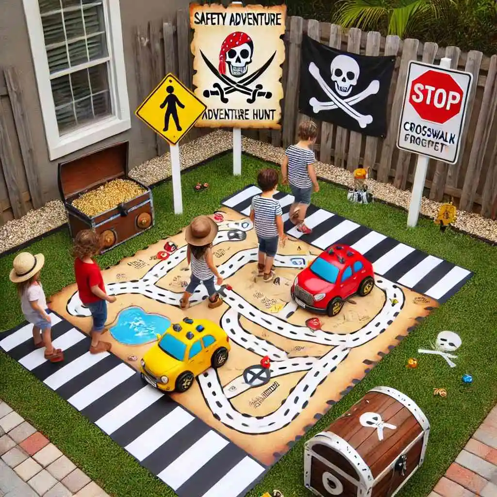 Backyard safety adventure hunt setup for kids.