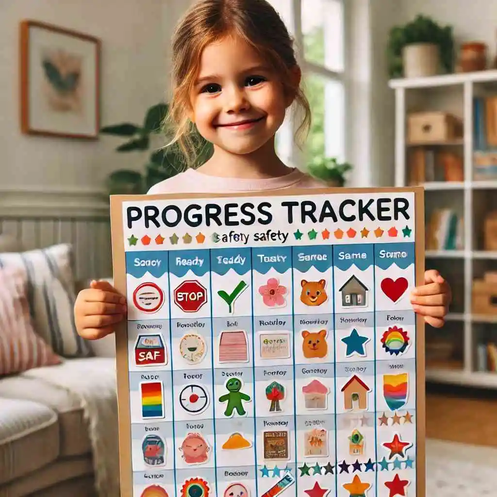 Child holding a progress tracker chart with colorful stickers