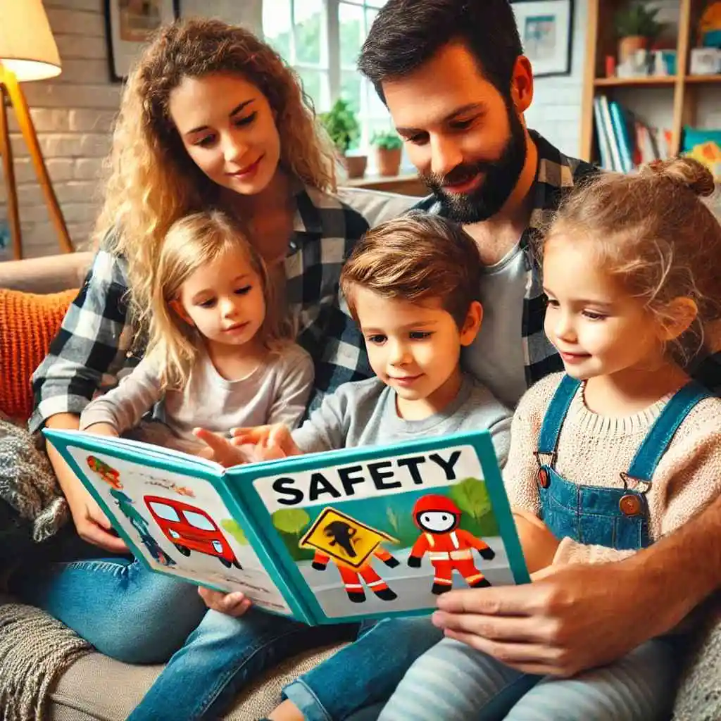 Family reading safety-themed children's book together