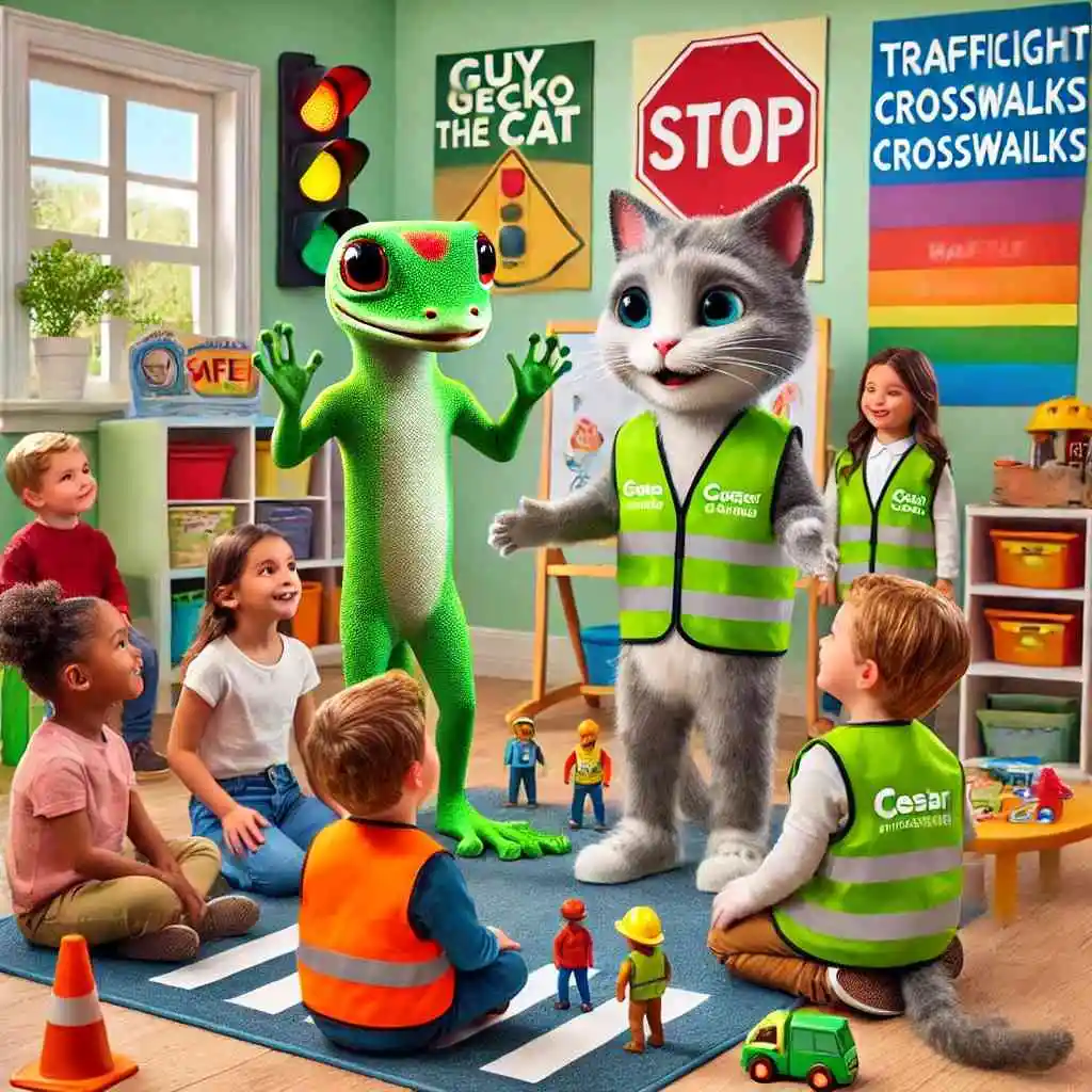 Guy and Cesar acting out a safety story with children in a playroom with safety props