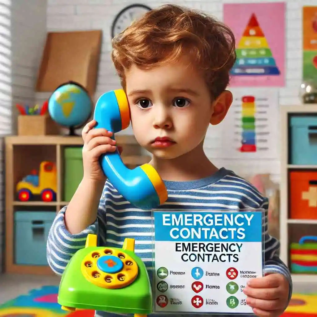 Child practicing emergency contact calls with a toy phone