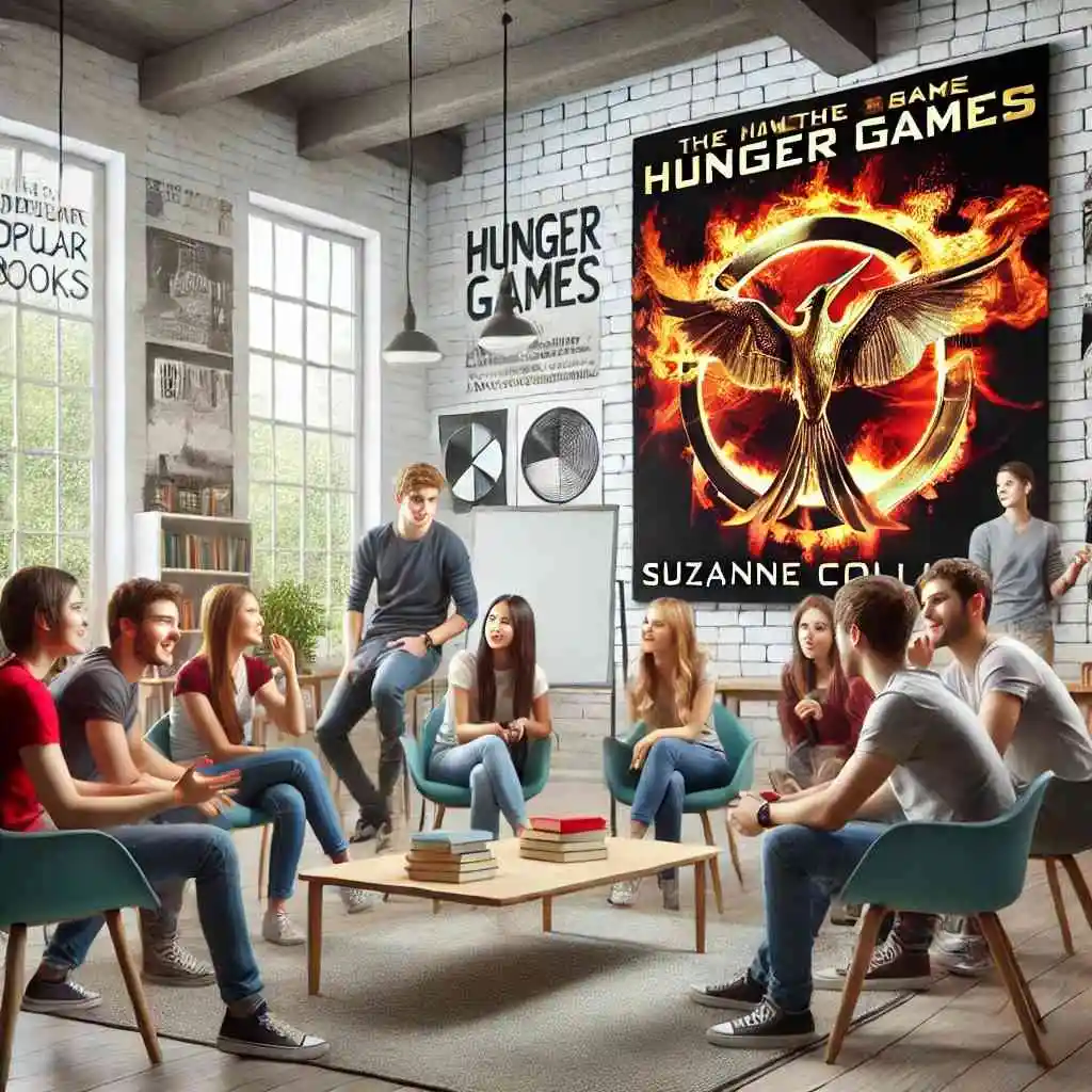 Teens discussing 'The Hunger Games' in a classroom