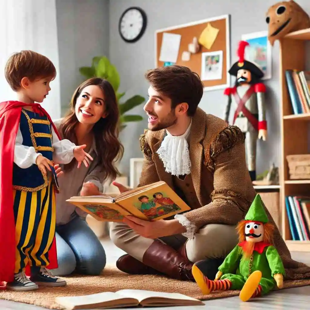 Child acting out a storybook scene with parent