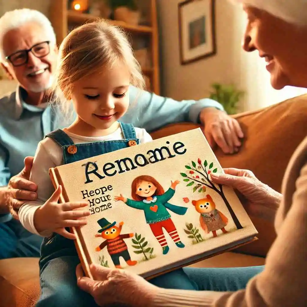 Child showing a personalized book to grandparent