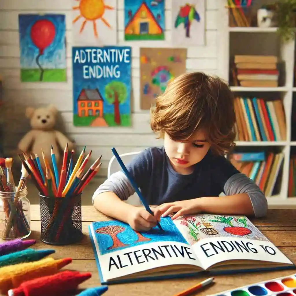 Child drawing an alternative ending to a storybook at a colorful desk