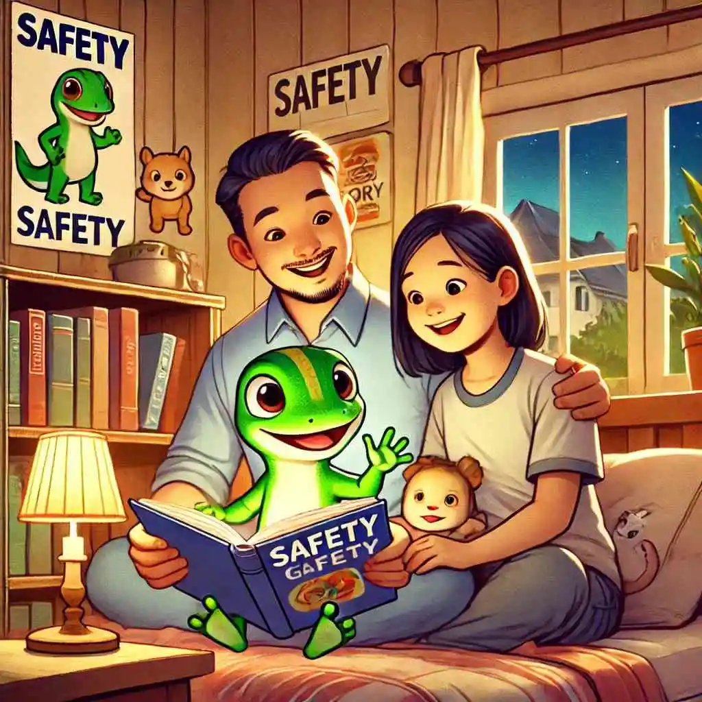 Family reading a safety-themed bedtime story featuring Guy the Gecko and Cesar the Cat