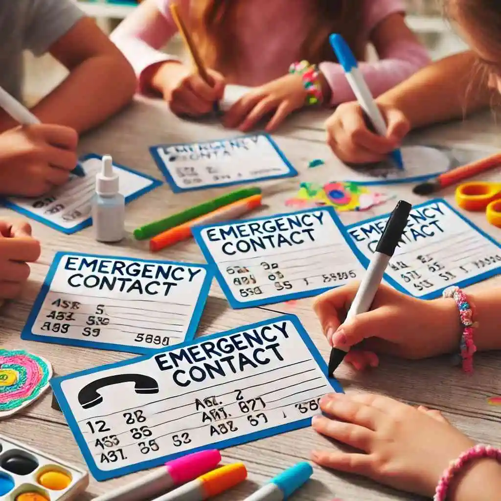 Children creating emergency contact cards with markers and index cards.