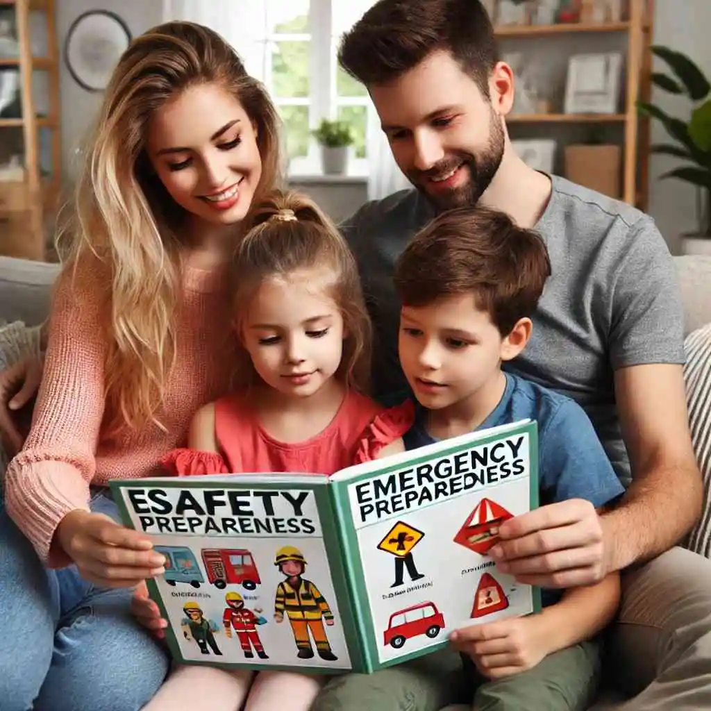 Family reading a book about emergency preparedness together