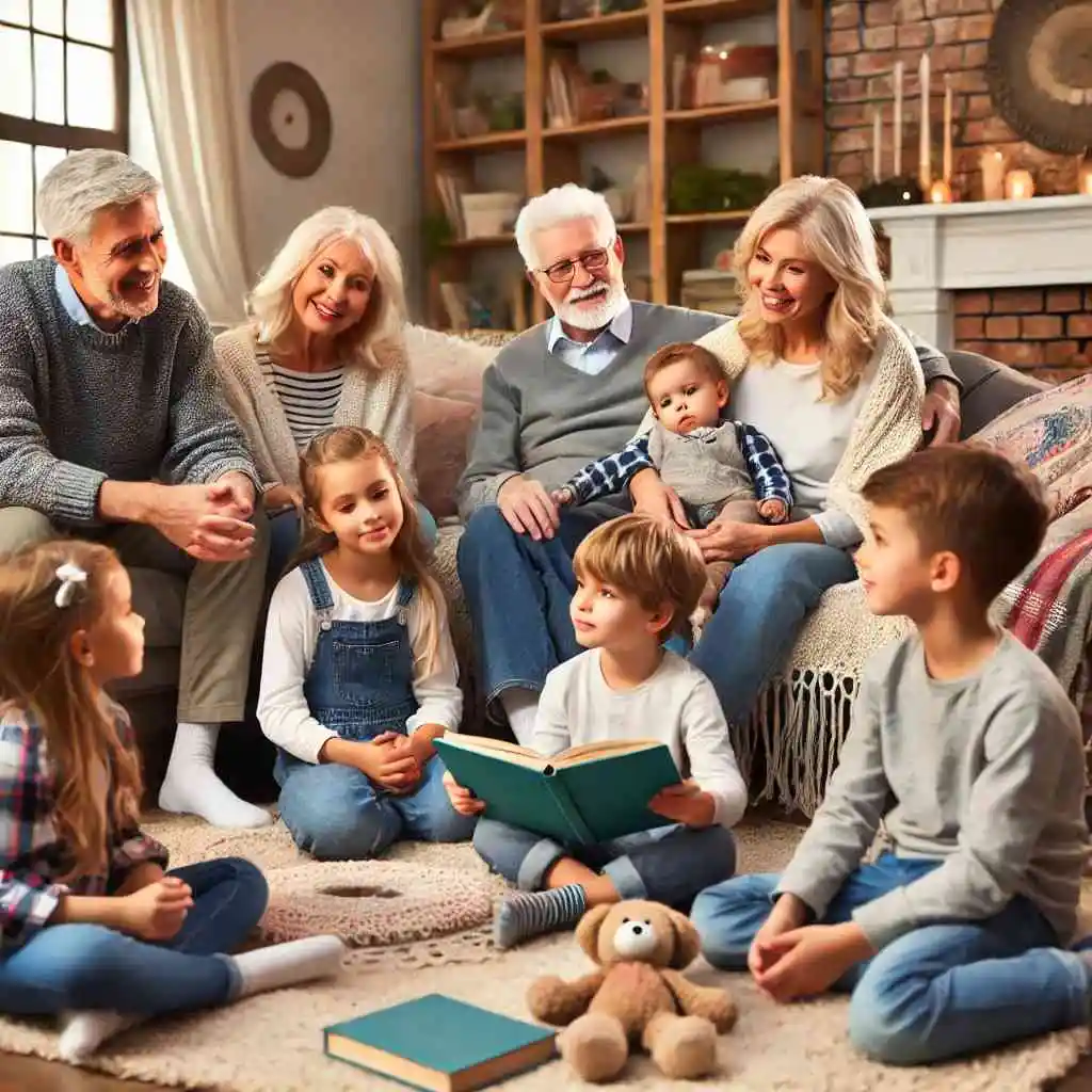 Family storytime in a cozy living room