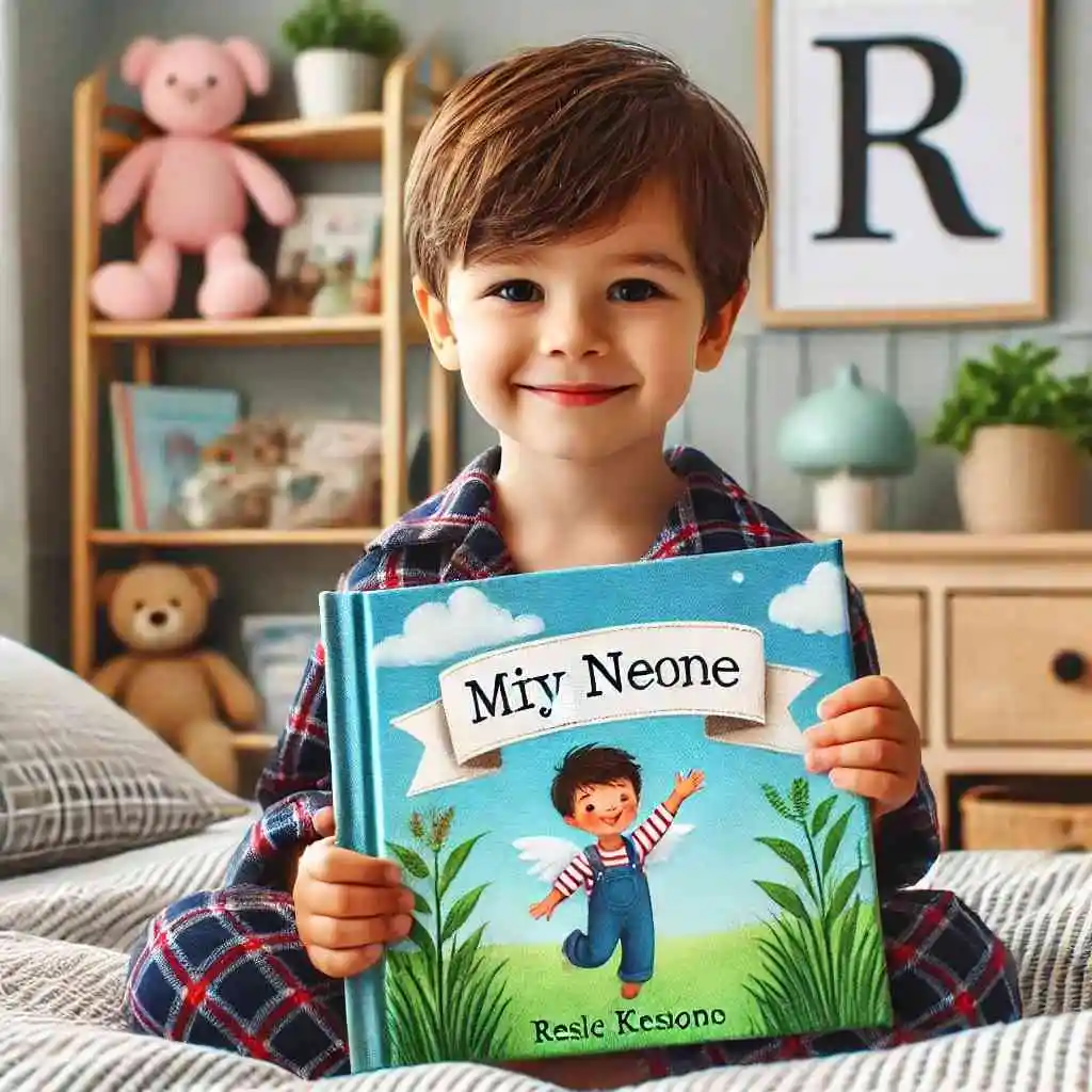 Child holding a personalized book in their bedroom