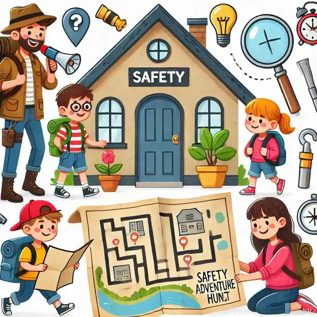 Home safety adventure hunt illustration for kids and parents.