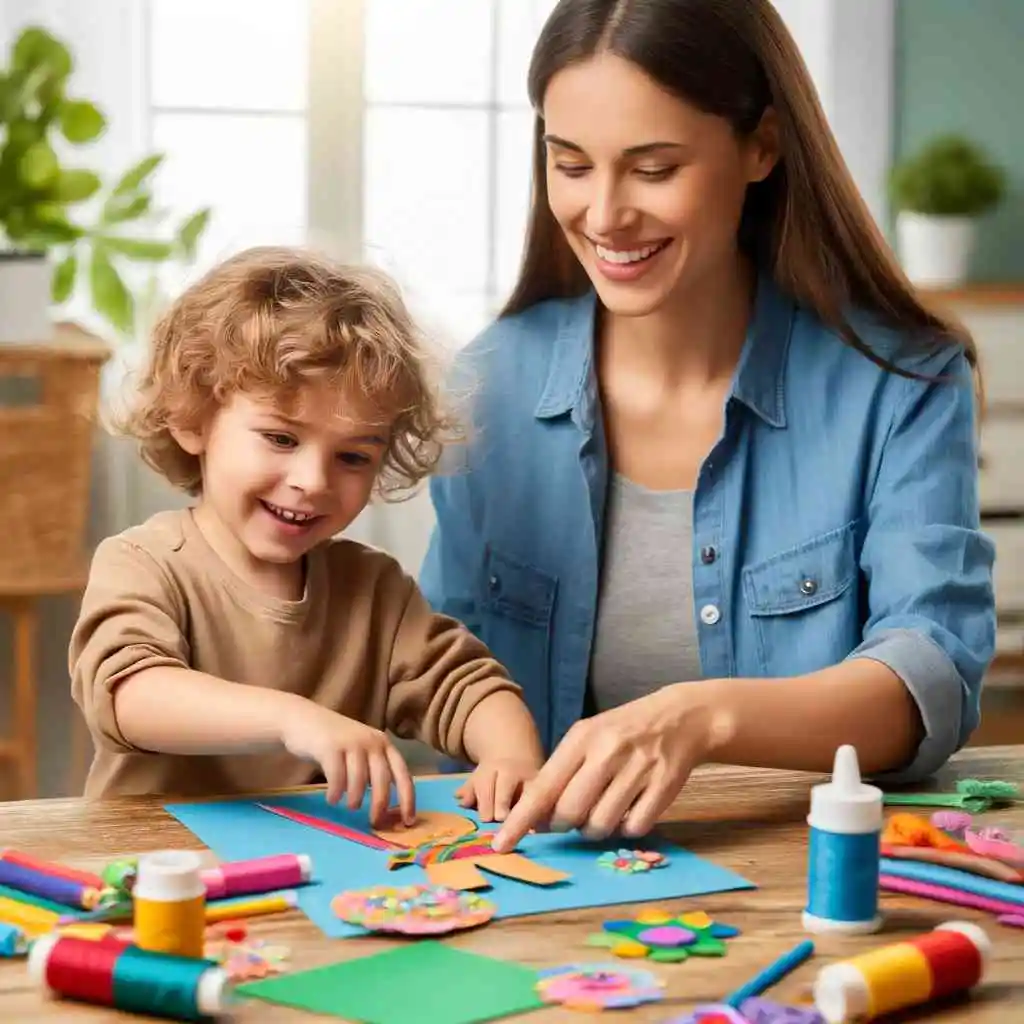 Child and parent engaged in a safety-related crafting activity