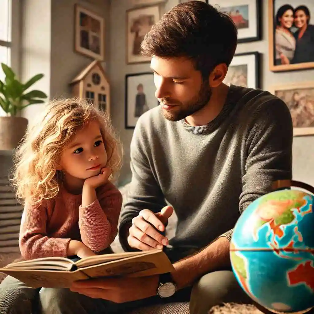 Parent and child discussing storybook with real-life connections