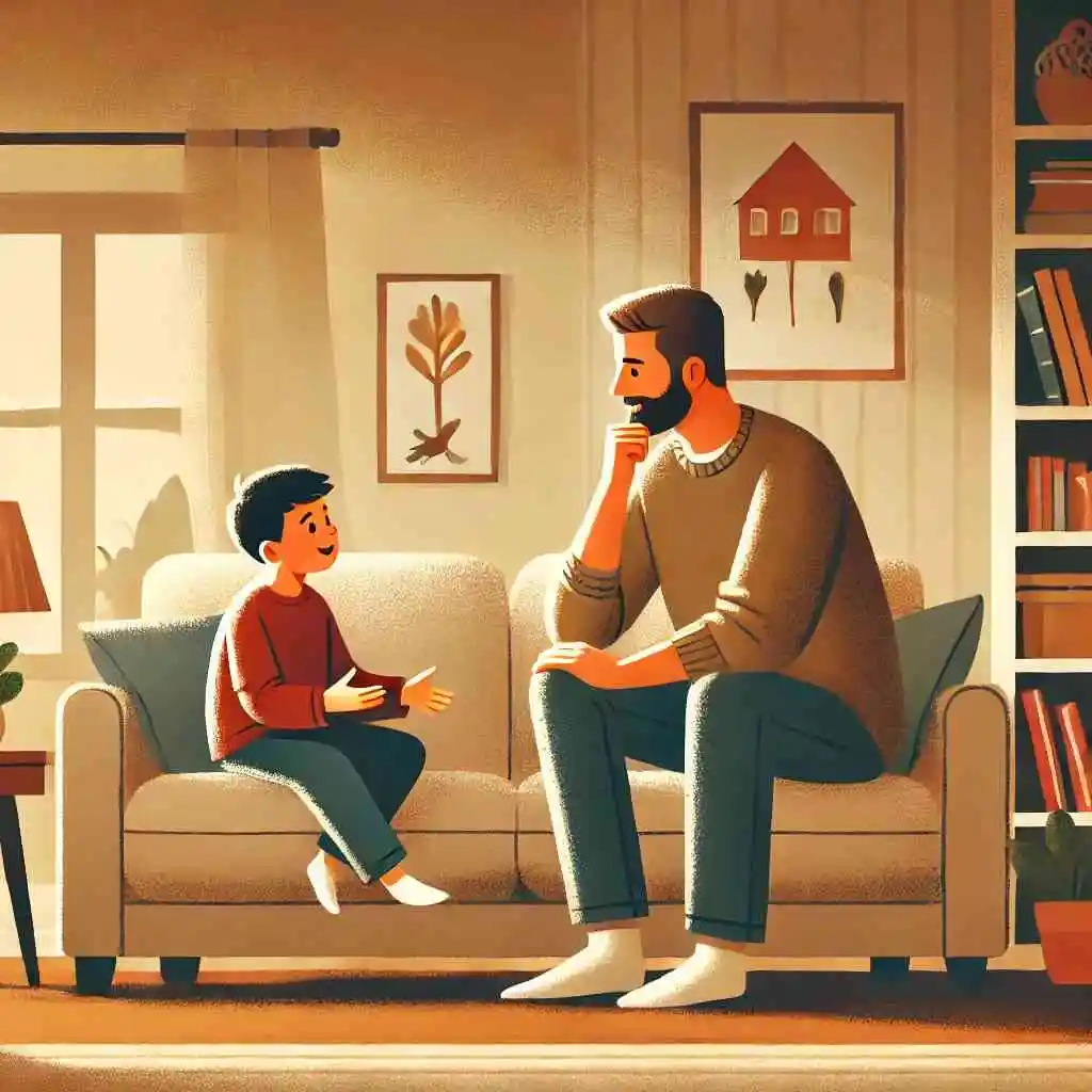 Parent and child having a conversation in a cozy living room.