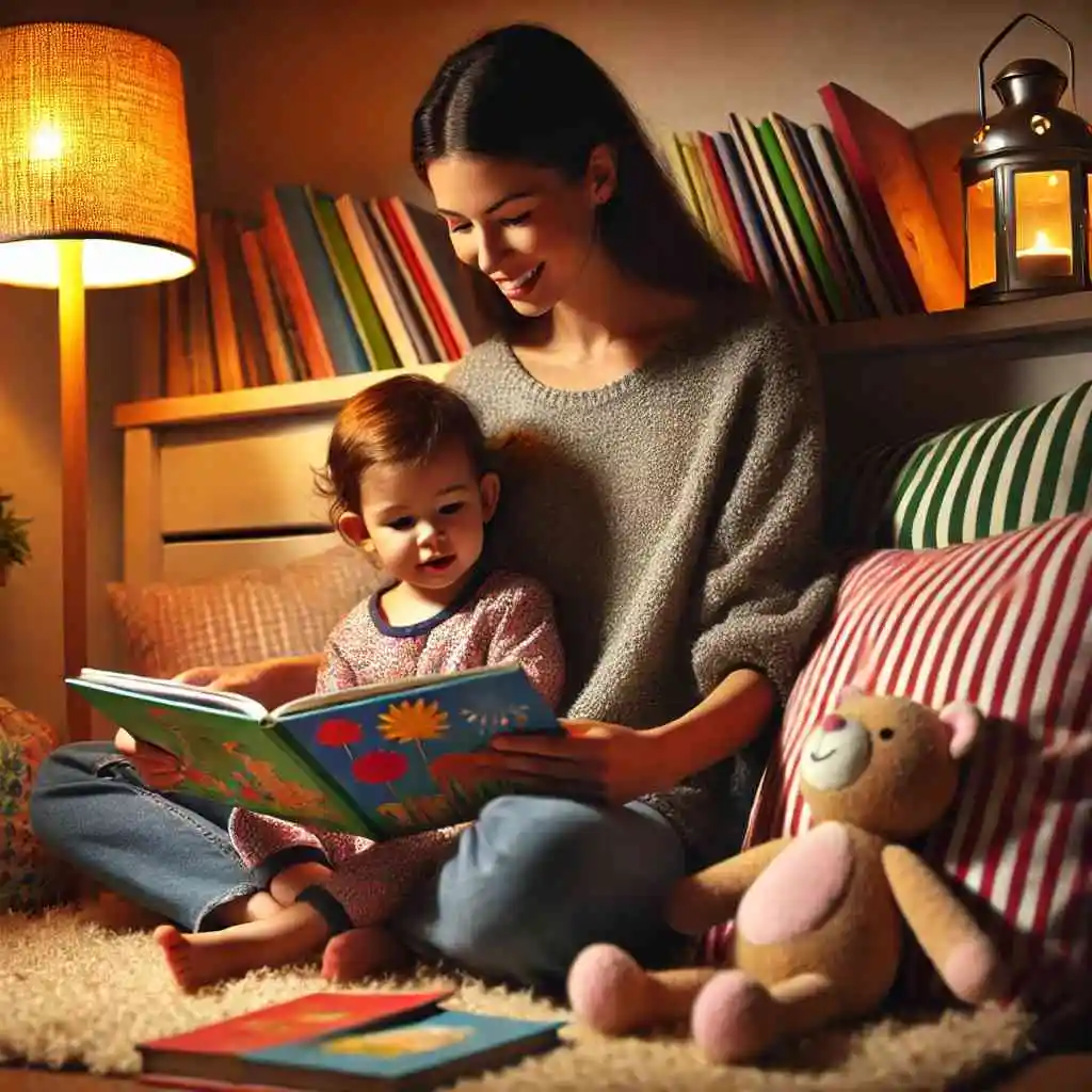 Parent reading a colorful storybook to a child in a cozy reading nook