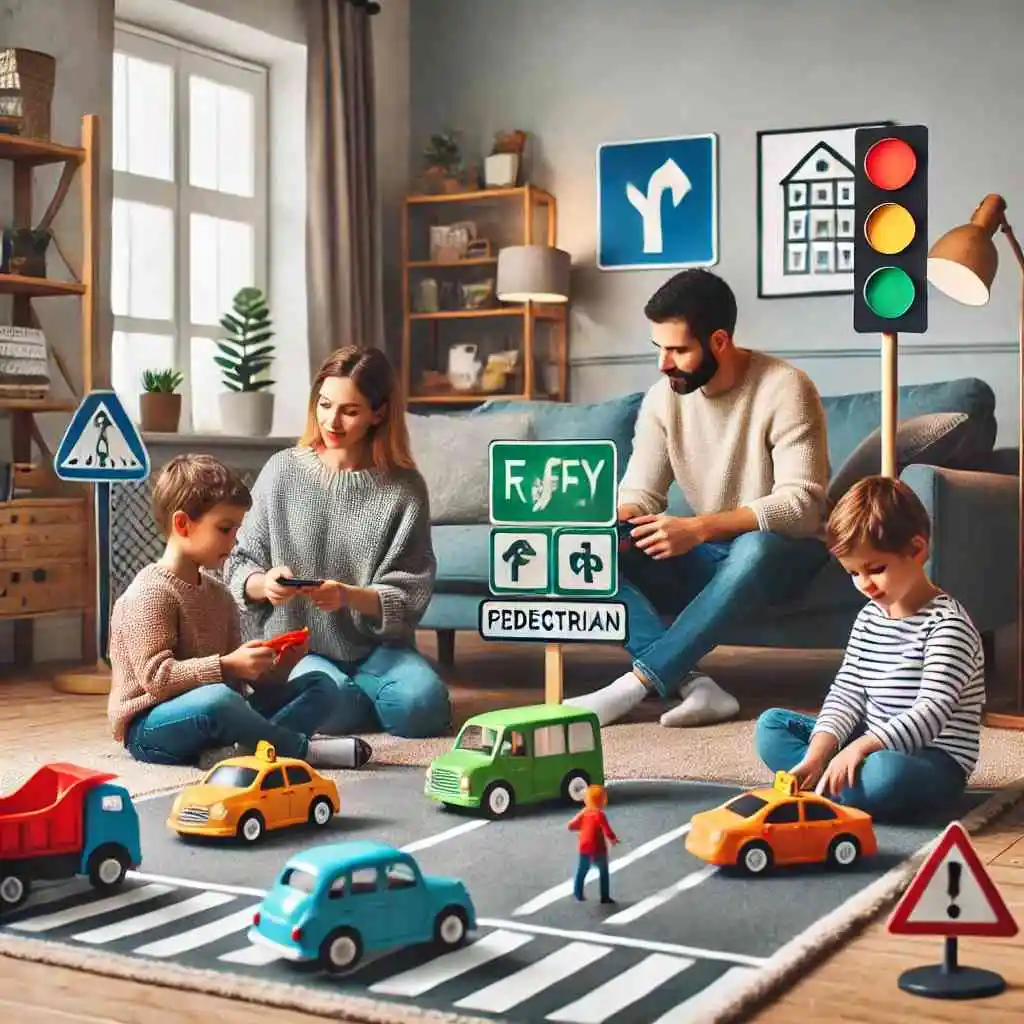 Family role-playing safety scenario with toy cars and traffic signs