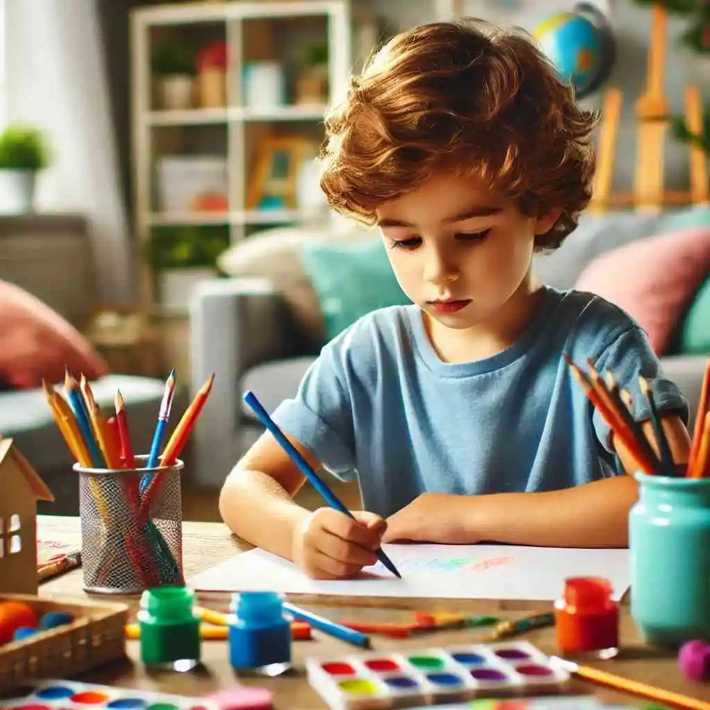 Child drawing emotions with art supplies.