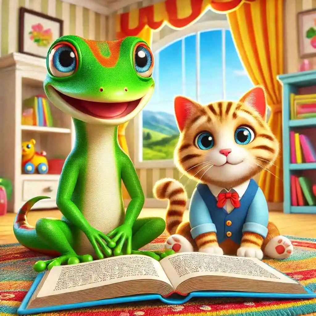 Gecko and cat reading a storybook in a colorful children's room.