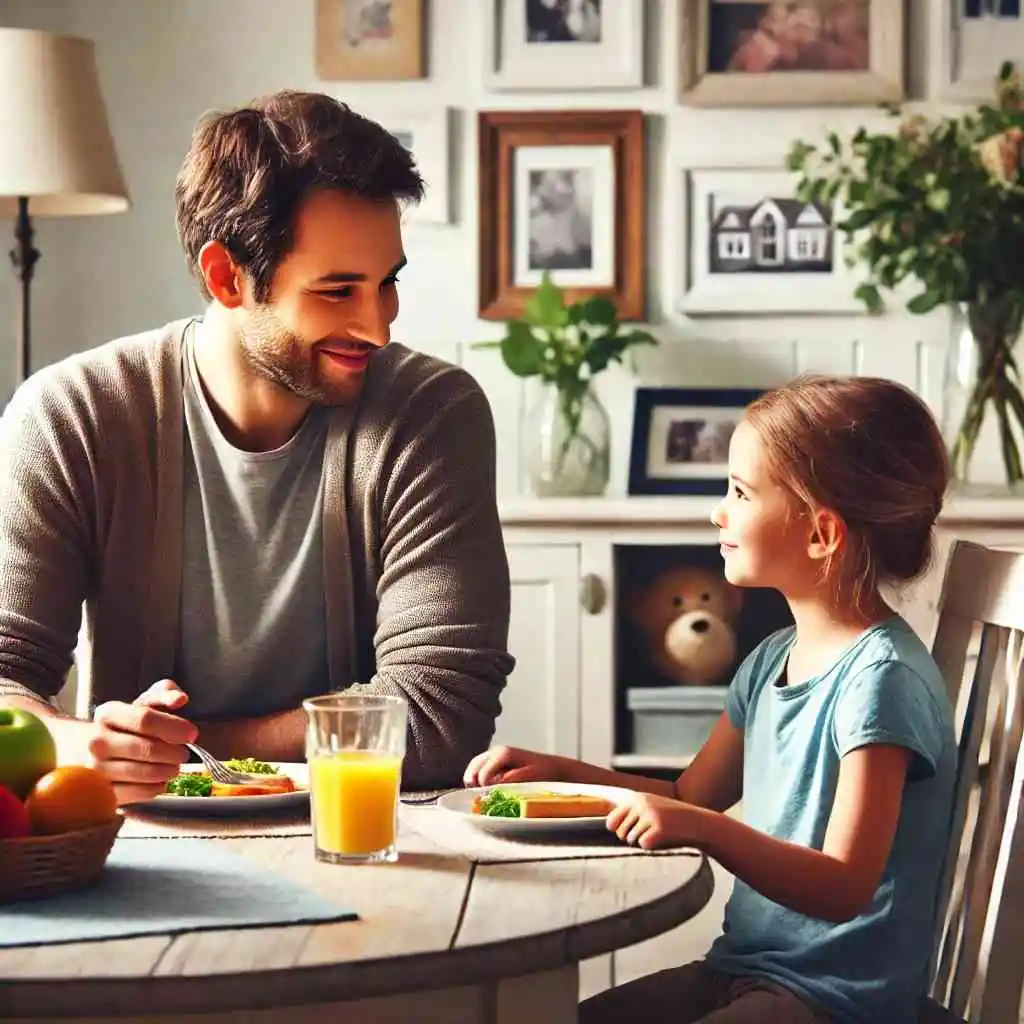 Parent and child sharing a meal and talking at the dining table.