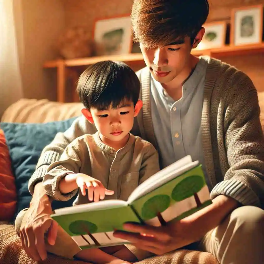 Parent and child reading a storybook together.