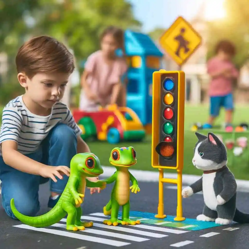 Child role-playing safety scenarios in a park with gecko and cat.