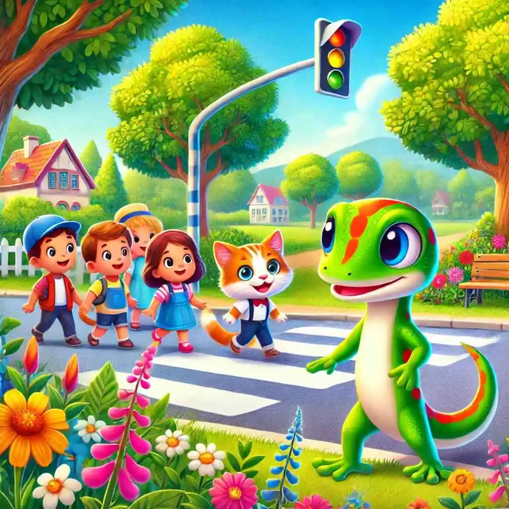 Gecko and cat teaching children street safety in a park.