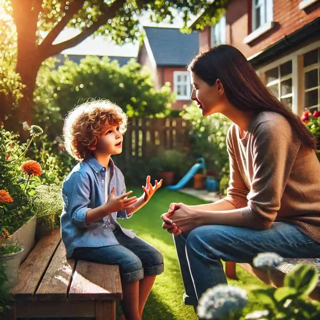 Parent and child talking in a backyard garden.