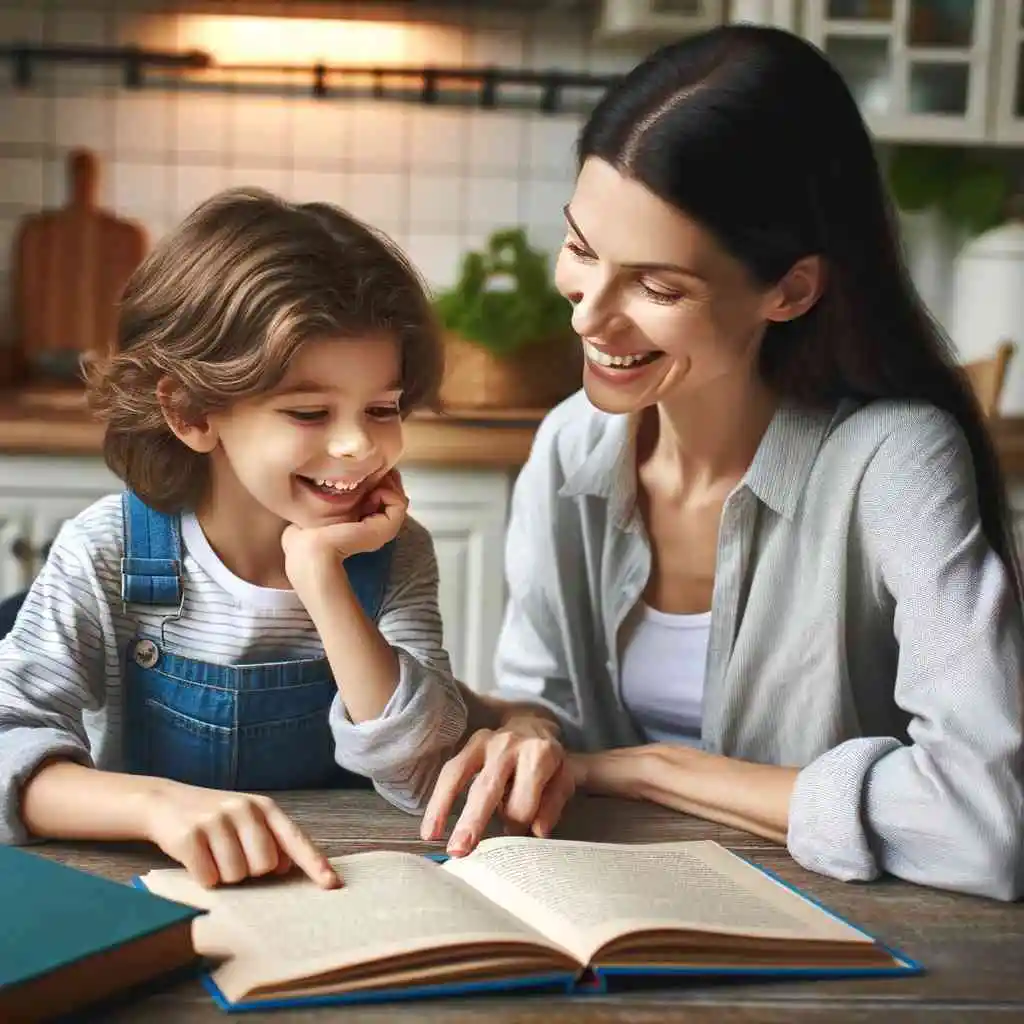 Parent and child discussing a book at the kitchen table