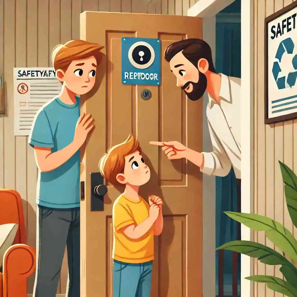 Child answering door with guidance from parent