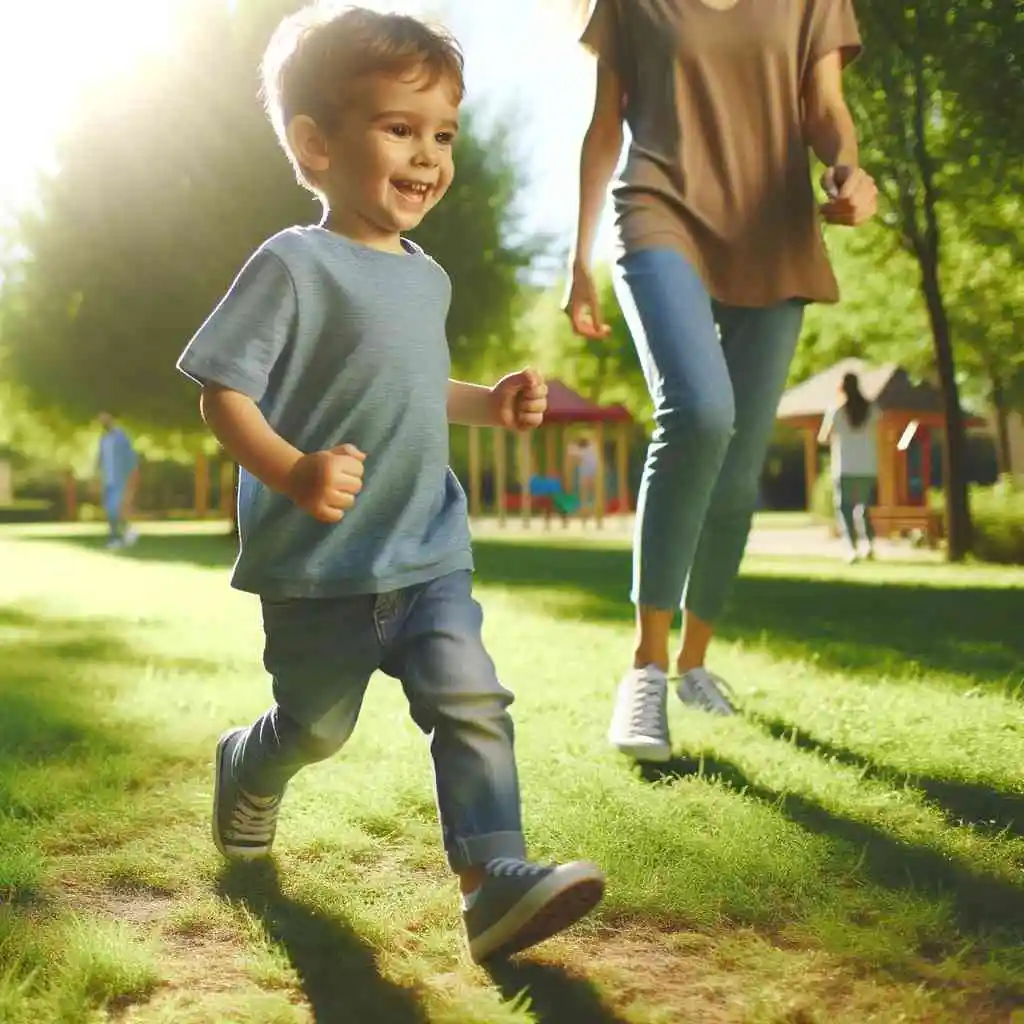 Child playing outside in a sunny park.