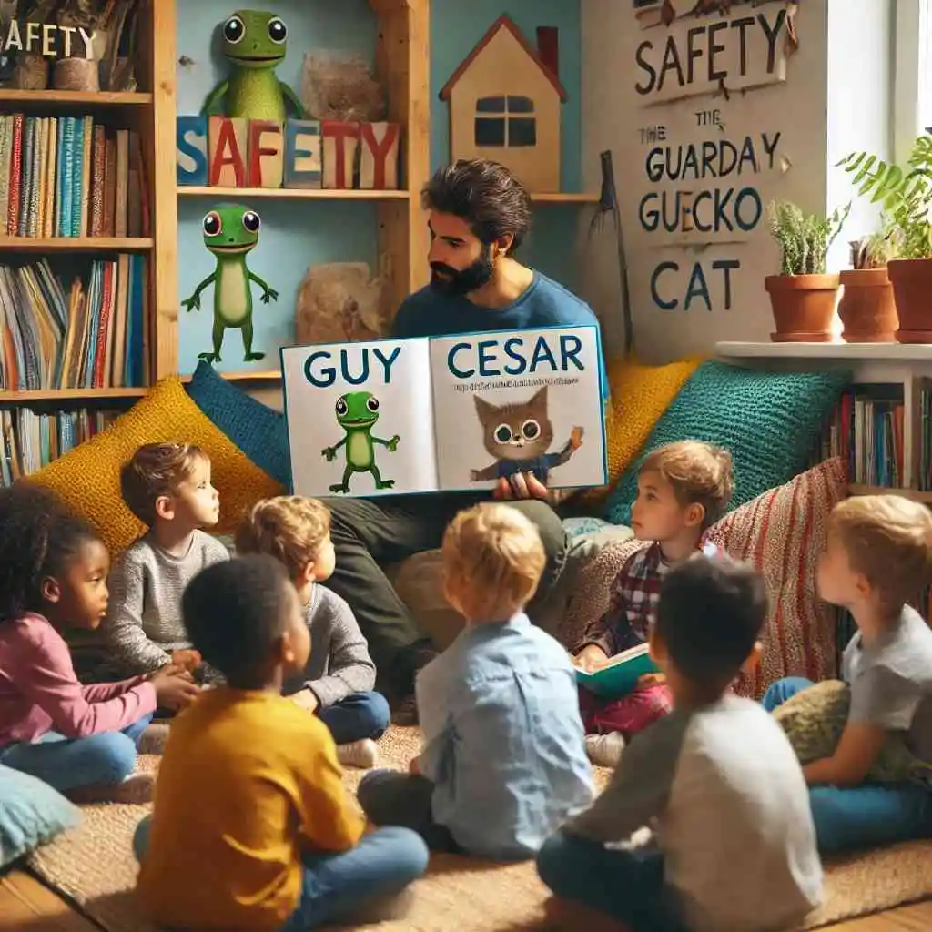 Children listening to safety storybook in a cozy reading nook.