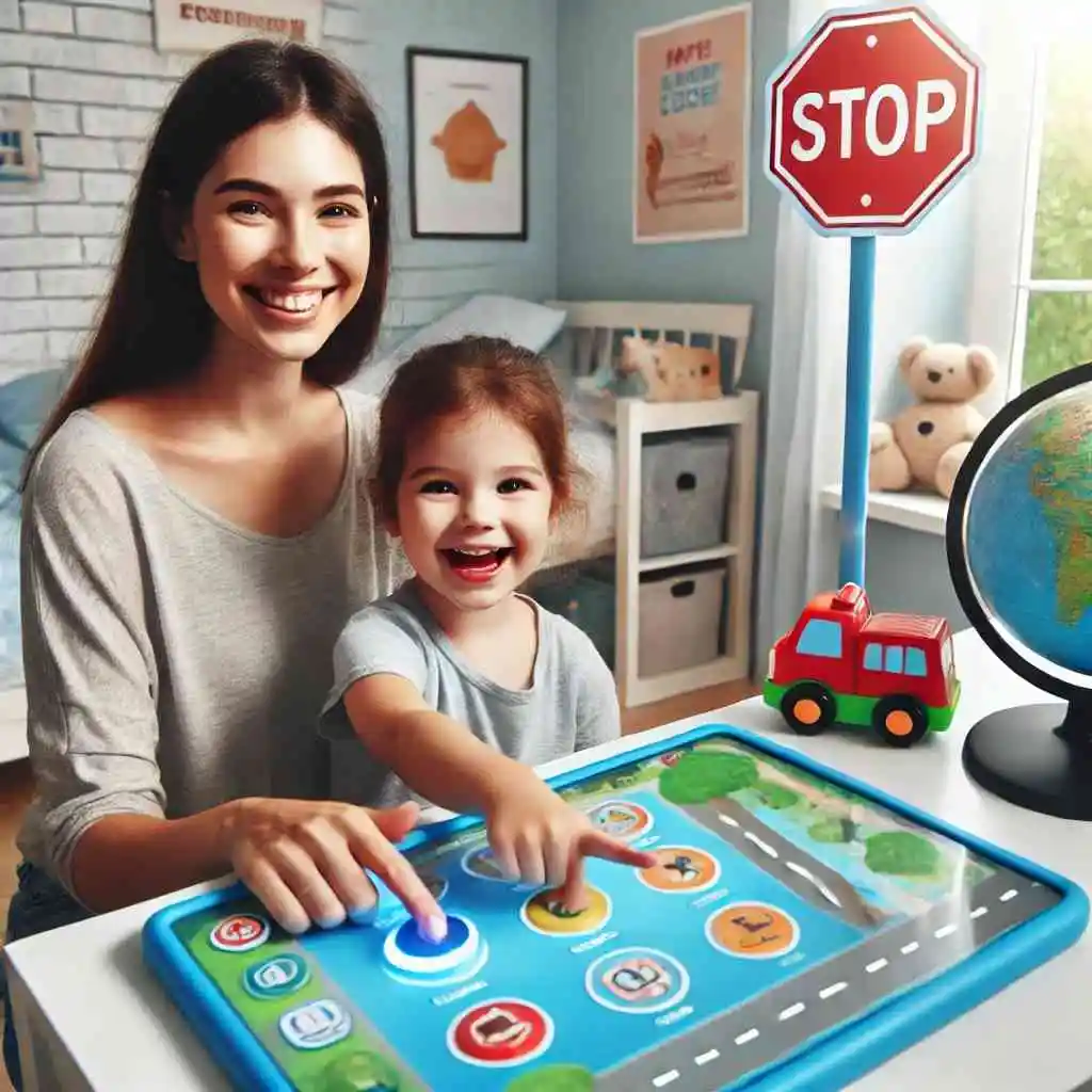 Child playing safety-themed game with parent