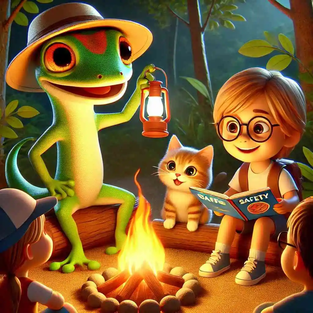 Gecko and cat around a campfire teaching safety.