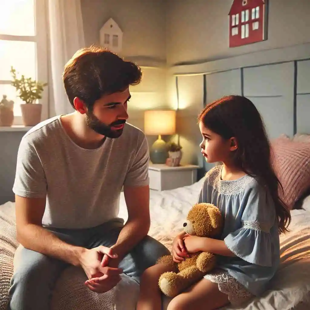 Parent and child having a conversation in a cozy bedroom.