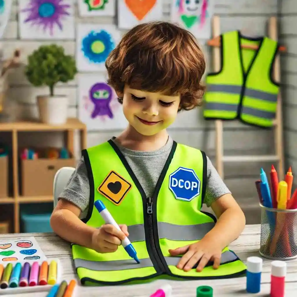 Child decorating a reflective vest