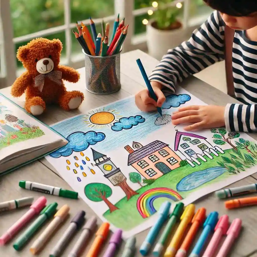 Child drawing a picture related to a storybook