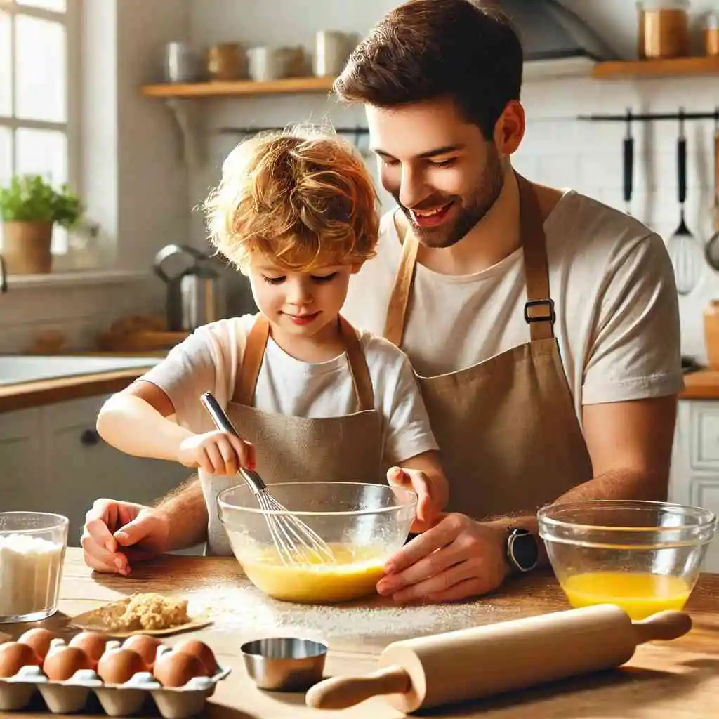 Parent and child baking in the kitchen.