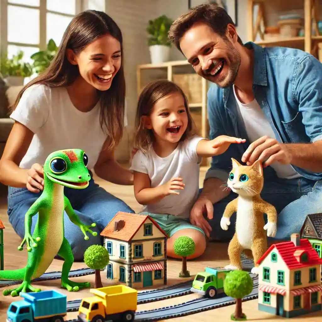 Family role-playing safety scenarios with toys and props at home.