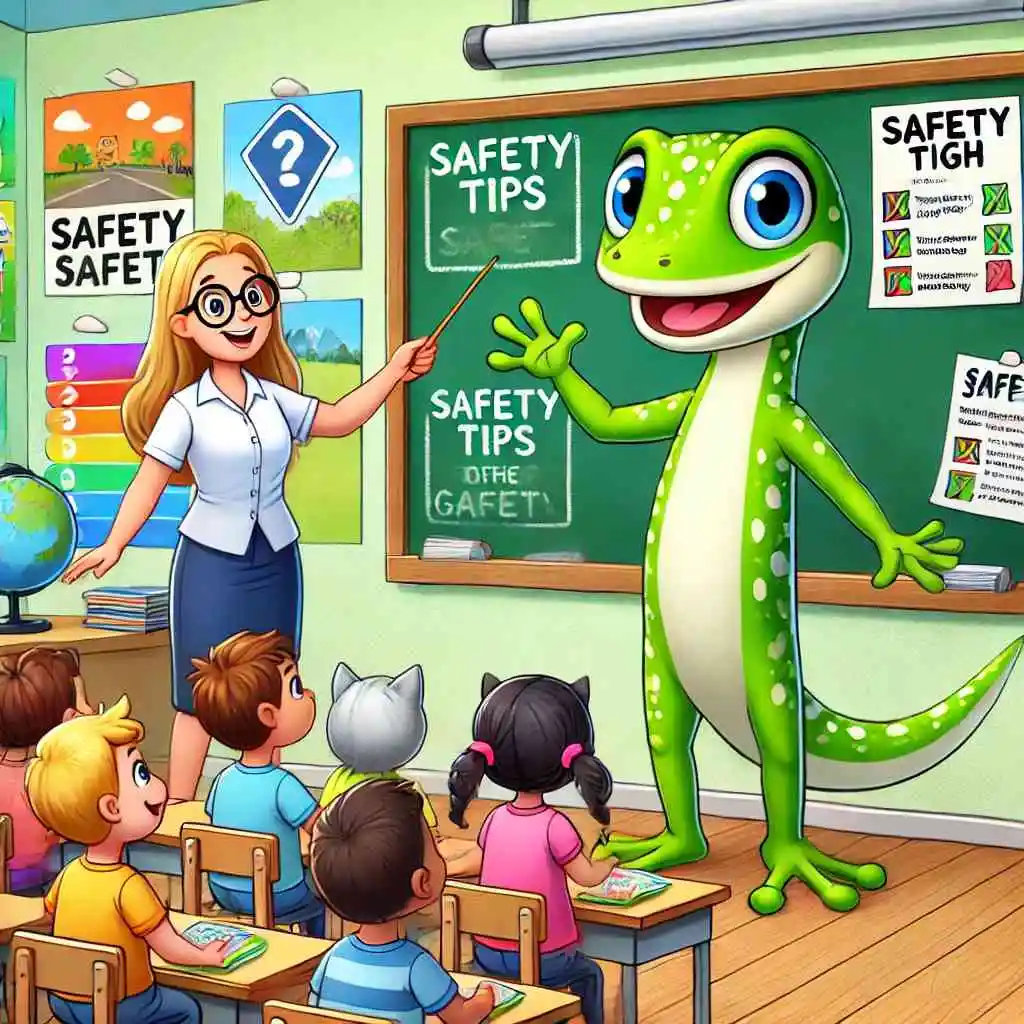 Gecko and cat teaching safety tips in a classroom.