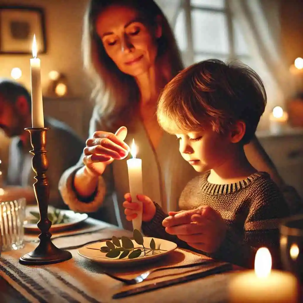 Child and parent lighting a candle at dinner.