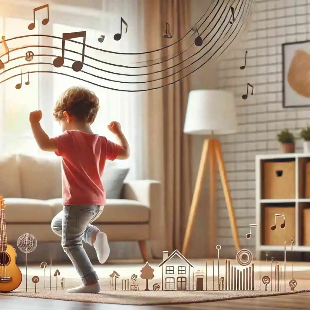 Child dancing joyfully to music.