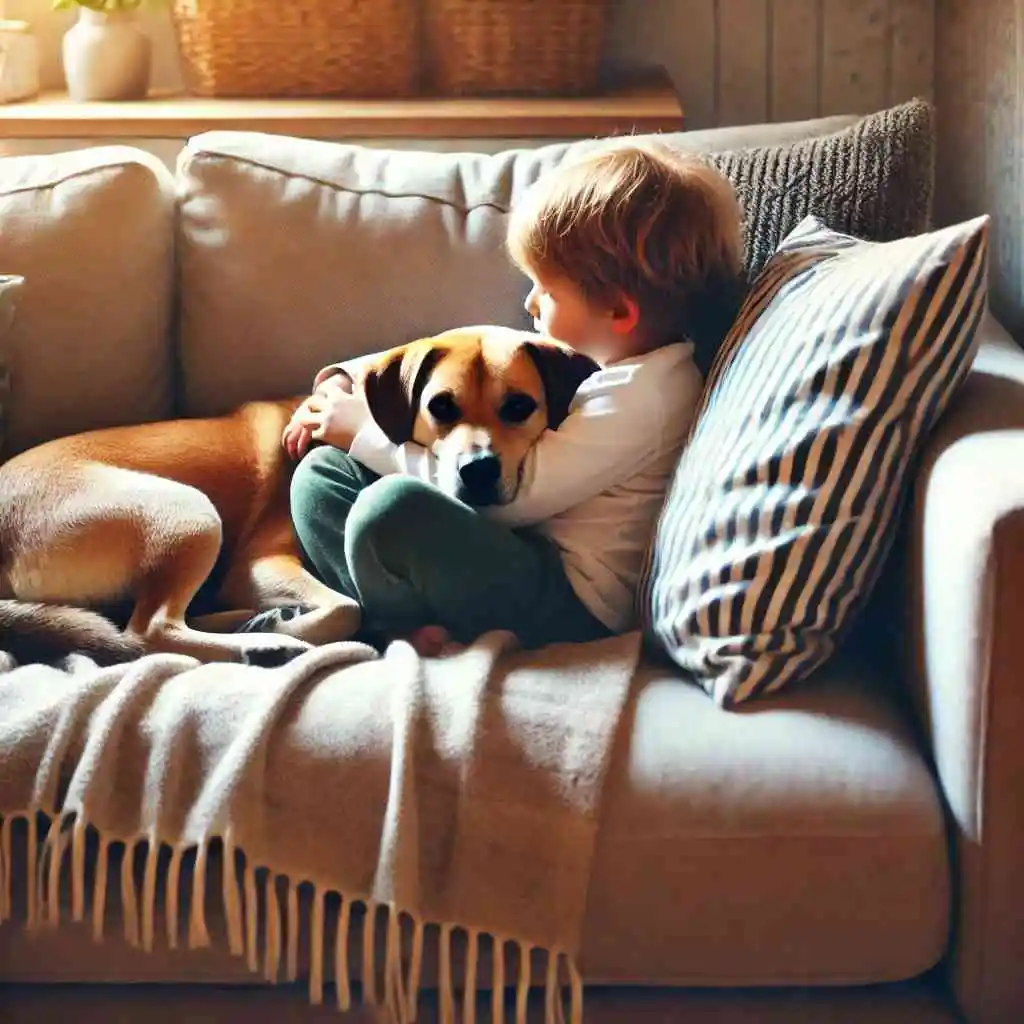 Child cuddling with a pet dog on the couch.