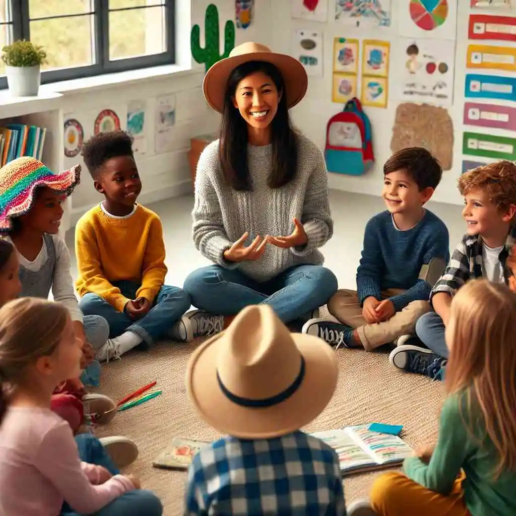 Children and teacher engaging in a role-playing activity.