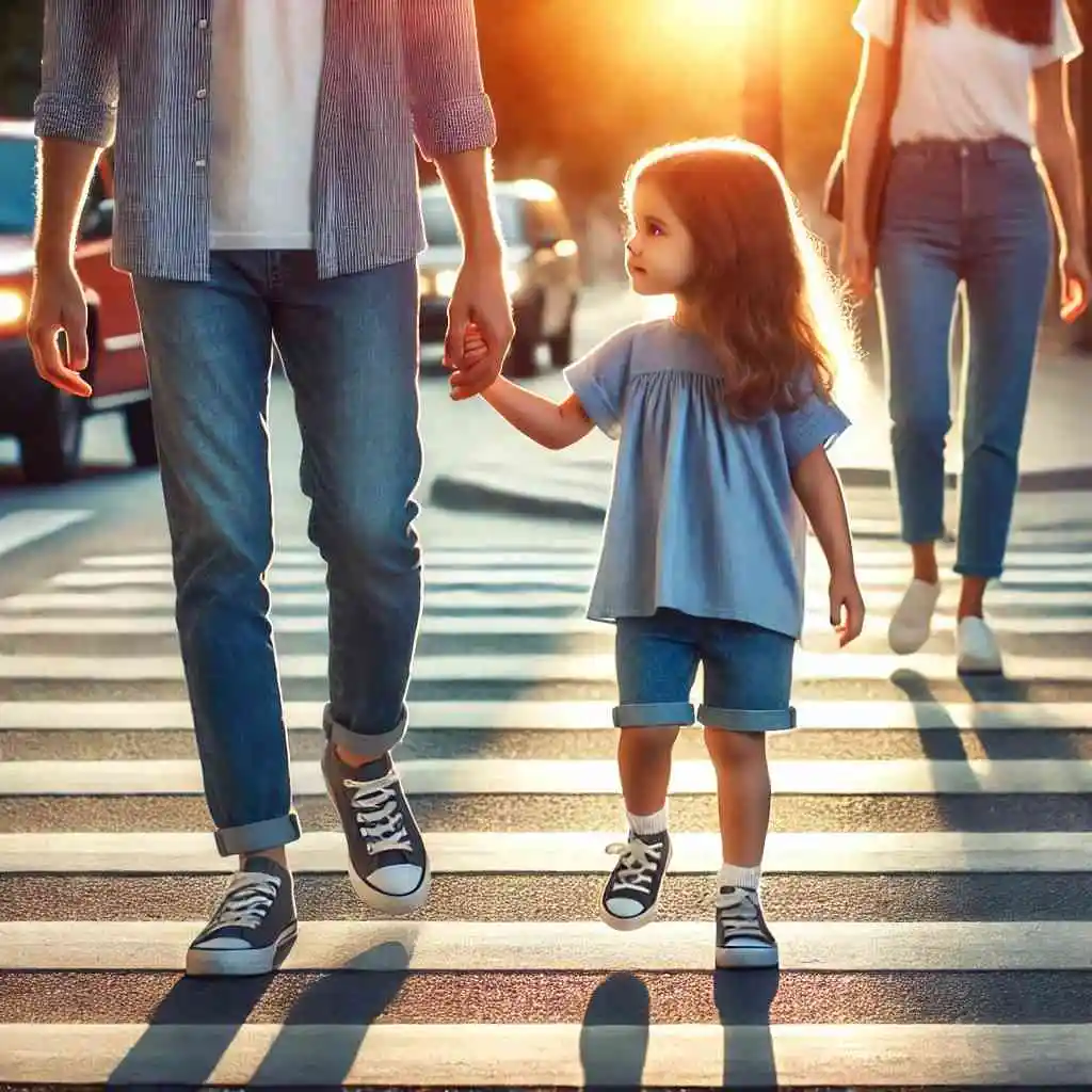 Parent and child crossing street for pedestrian safety