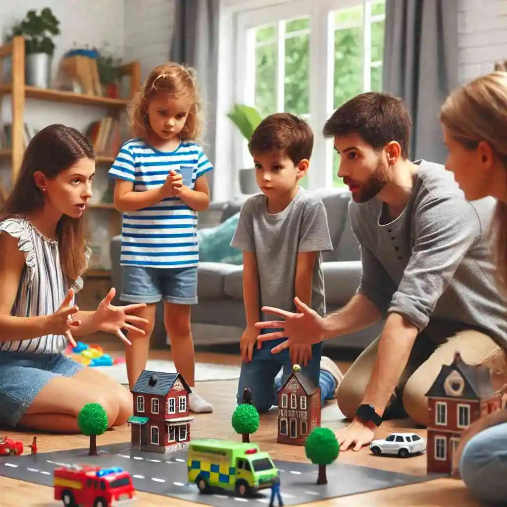 Children role-playing safety scenarios in a cozy living room with parents.